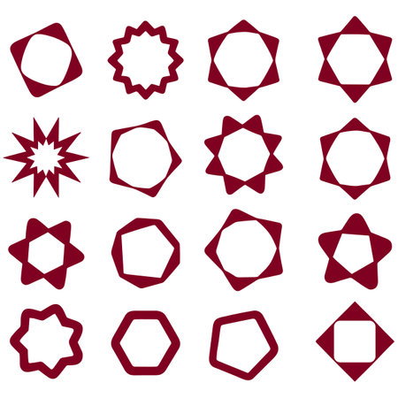 Set of 9 vector star shapes in red colors isolated on white backgroundのイラスト素材