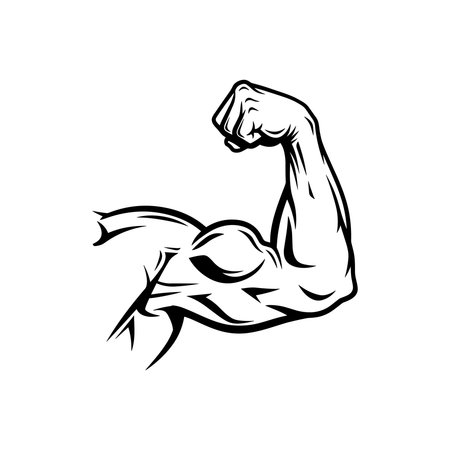 A black and white illustration of a flexing bicep muscle on a white background. The arm is bent at the elbow, with the fist clenched and the bicep prominently displayed. The musculature is detailed with sharp lines, conveying a sense of power and definition. This graphic is suitable for fitness, gym, or sports-related branding.のイラスト素材