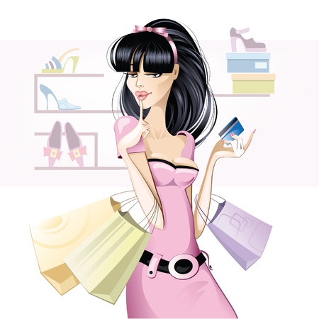 Brunette girl shopping のイラスト素材
