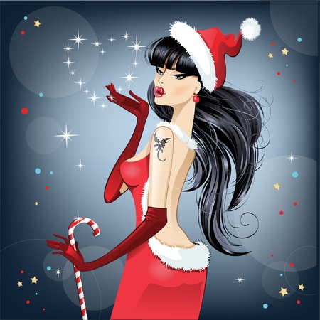 sexy beautiful brunette girl dressed as santa claus sends a kiss. happy christmas and new yearのイラスト素材