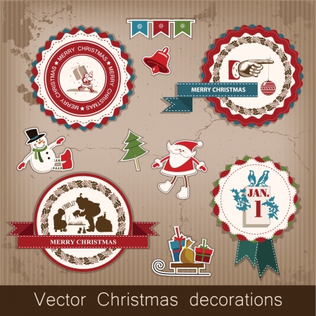 Christmas and New Year  set of decorative items, antique and vintage jewelry, banners, stamps, stickers, with snowflakes and stars design  Santa Claus, Christmas tree, snowman, reindeer  のイラスト素材