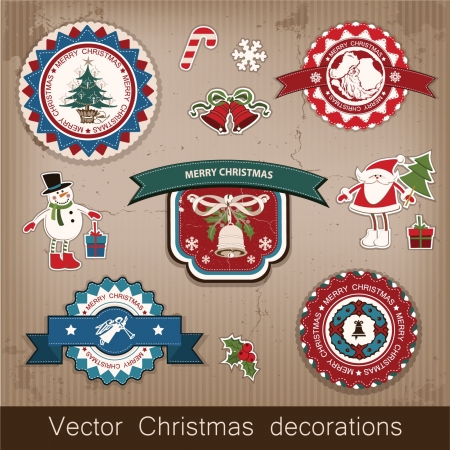 Christmas and New Year  set of decorative items, antique and vintage jewelry, banners, stamps, stickers, with snowflakes and stars design  Santa Claus, Christmas tree, snowman, reindeer  のイラスト素材