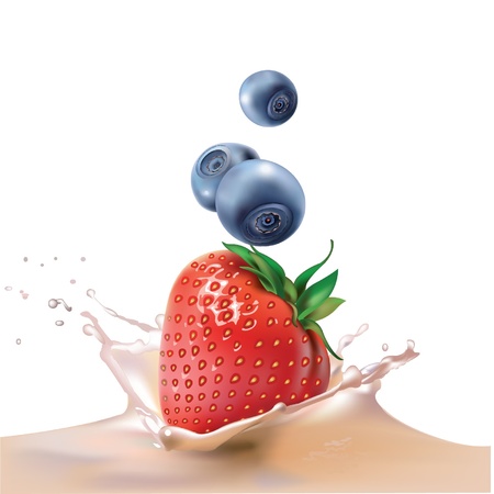 milk, strawberries and blueberries  realistic vector illustrationのイラスト素材