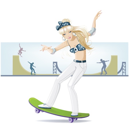 beautiful girl on a skateboard goes in for sportsのイラスト素材