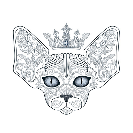 Cat. Head of a  cat sphinx with floral ornament and crown. illustration.のイラスト素材