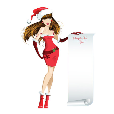 Beautiful girl dressed as Santa Claus holding a classified, invitation, greetings. Vector illustration on white background.のイラスト素材