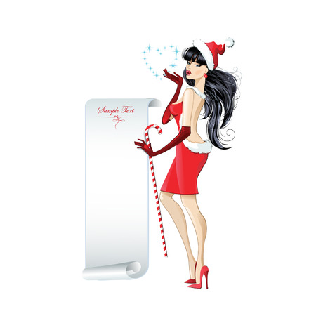 Beautiful girl dressed as Santa Claus holding a classified, invitation, greetings. Vector illustration on white background.のイラスト素材