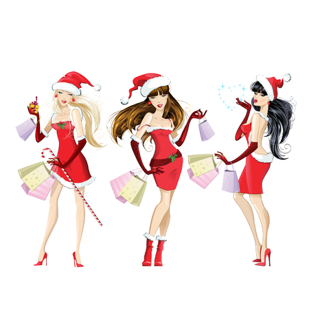 Set of beautiful girls dressed as Santa Claus with shopping. Christmas discounts and sales. Vector illustration on white background.のイラスト素材