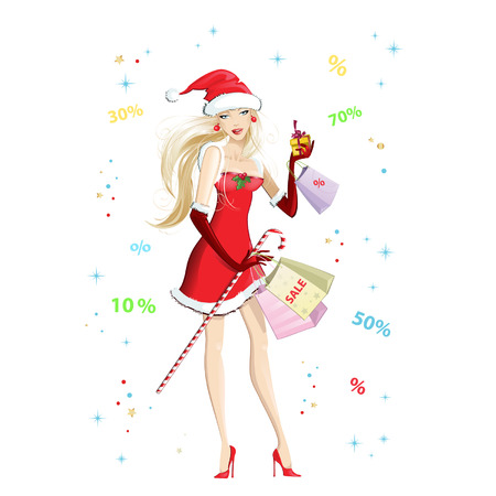 Beautiful girl dressed as Santa Claus with shopping. Christmas discounts and sales. Vector illustration on white background.のイラスト素材