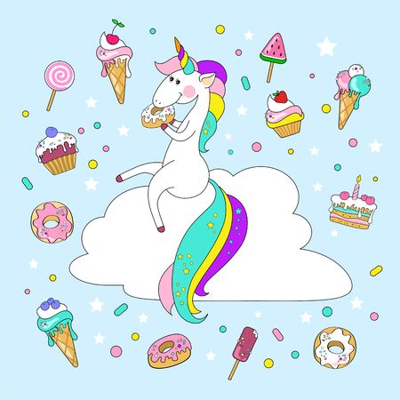 Unicorn riding on a swing Vector illustration.のイラスト素材
