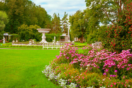 View of a large flower bed and Private garden in the Catherine Park in Tsarskoye Selo, Pushkin, St. Petersburg, Russia.のeditorial素材