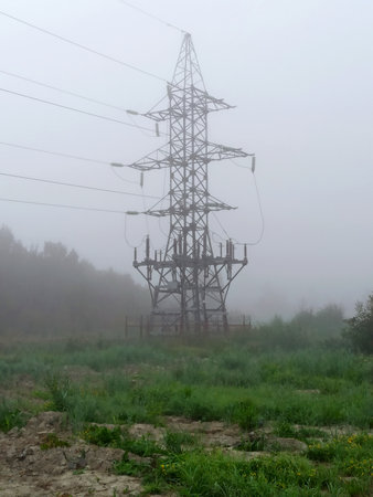 The last electric transmission tower at the edge of the forest. Electric wires do not go further, power supply is interruptedの写真素材