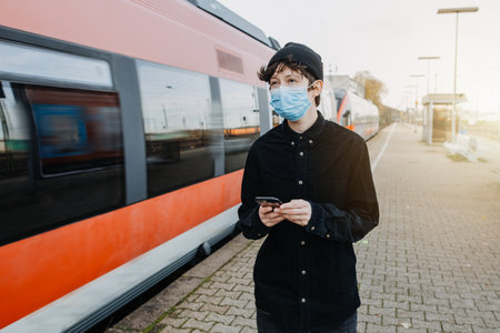Coronavirus, COVID-19. Young German man with medical face mask to protect against the coronavirus while waiting for the train on the subway platform. Mouth protection obligation at the train stationの写真素材