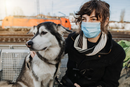 Travel with dog during pandemic. Casual woman is waiting for the train with her dog on the platform and is wearing a face mask because of the coronavirus. Lovely and happy friendship with your petの写真素材