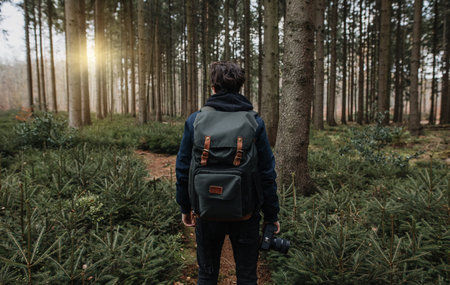 Photographer taking photos in a beautiful forest on a hiking trail at sunset. The person photographs digitally. The forest looks very relaxing and energizing.の写真素材