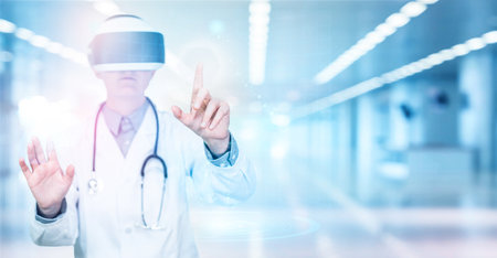 Scientific doctor uses new modern technology with VR glasses. Doctor in hospital wears virtual reality glasses. Innovative treatment and scientific research.の写真素材