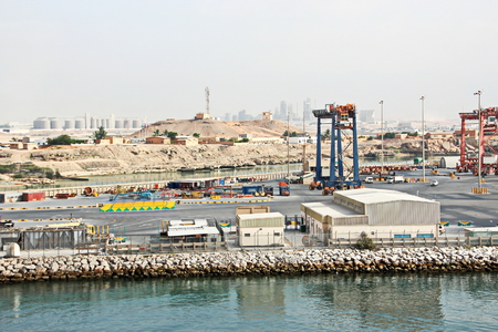 Type of port berths with moored vessels. Port of Salalah, Oman.の写真素材