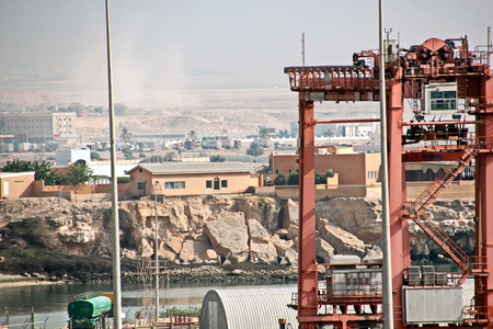 Type of port berths with moored vessels. Port of Salalah, Oman.の写真素材