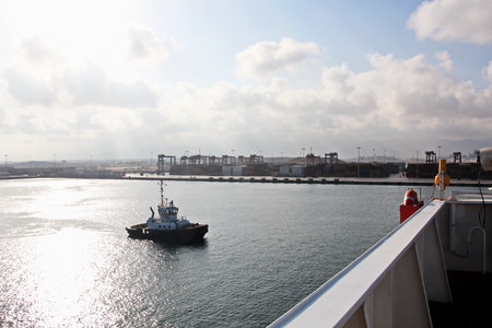 Type of port berths with moored vessels. Port of Salalah, Oman.の写真素材