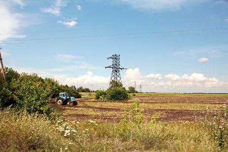 Landscape views of nature, fields, villages, Ukraine. View from the car window when driving.の写真素材