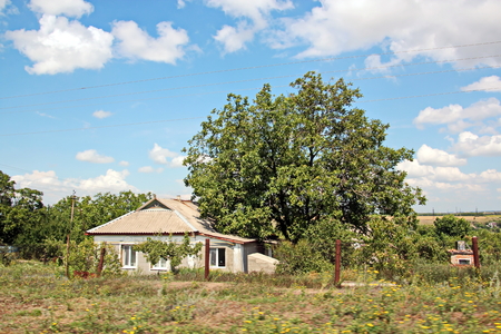 Landscape views of nature, fields, villages, Ukraine. View from the car window when driving.の写真素材