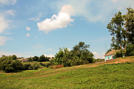 Landscape views of nature, fields, villages, Ukraine. View from the car window when driving.の写真素材