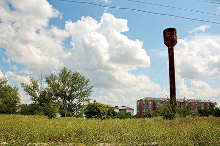Landscape views of nature, fields, villages, Ukraine. View from the car window when driving.の写真素材