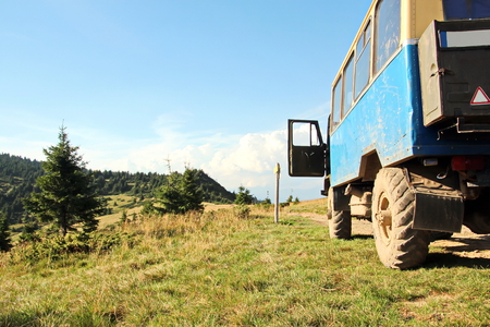 Special vehicles for tourists in the Carpathian Mountains, Ukraine.の写真素材