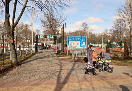 Odessa, Ukraine. March, 2020. Family Day. Parents' active leisure on foot with children in...