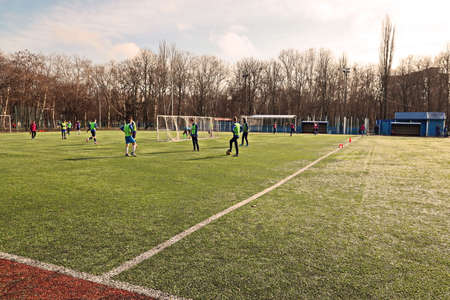 Odessa, Ukraine. March, 09, 2020. Young football players during a training session at a stadium in a...