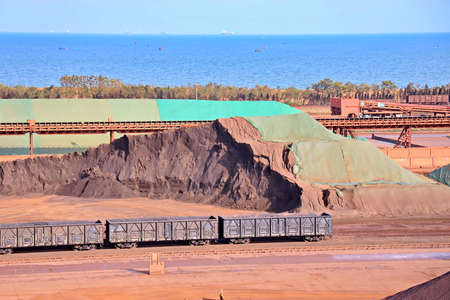 Type of cargo terminal and cranes, berths for transshipment of bulk cargo iron ore. Port Rizhao,...