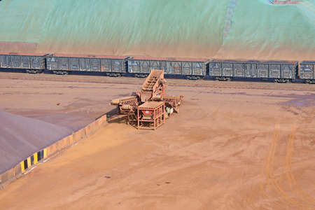 Type of cargo terminal and cranes, berths for transshipment of bulk cargo iron ore. Port Rizhao,...