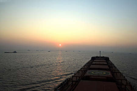 View of the sunset from the ship underway and in the port. Colorful views of the surface of the...