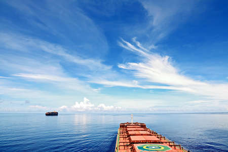Seascape, blue sky, clouds and sea in the tropical waters of the Pacific Ocean.