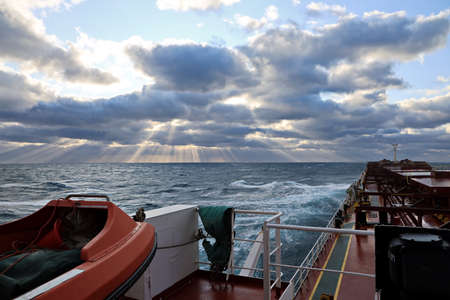 The movement of the vessel against the waves during a heavy storm. North Pacific ocean.