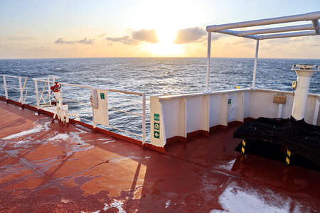Blizzard and snow on the deck of a ship in the Pacific Ocean. November, 2019