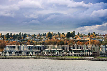 Various panoramic views of the city and the coastline in the daytime and evening. Tacoma City, USA....