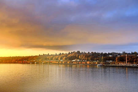 Various panoramic views of the city and the coastline in the daytime and evening. Tacoma City, USA....