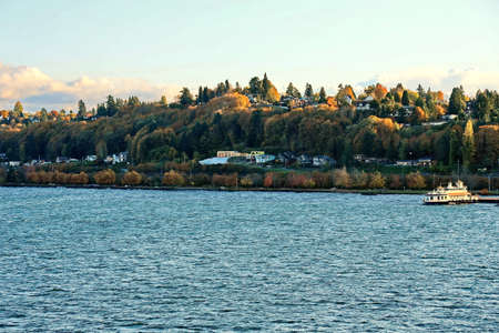 Various panoramic views of the city and the coastline in the daytime and evening. Tacoma City, USA. October, 2019.の写真素材