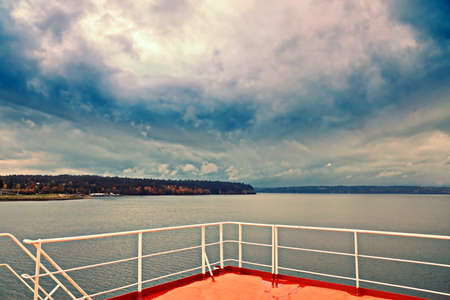 Various panoramic views of the coastline and Commencement Bay against the rain, fog and clouds. Tacoma, WA, USA. October, 2019.の写真素材