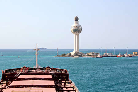 Lighthouse as a symbol of the port of Jeddah, Saudi Arabia. December, 2018