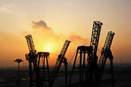 Night views of ships and berths in the port. Colorful views, the play of colors at sunset. Port...