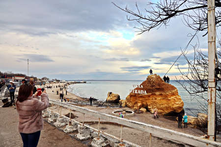 Odessa, Ukraine, February, 02, 2020. Views of the coastline and beaches of Odessa on a sunny winter day. Rest of citizens in the countryside.のeditorial素材