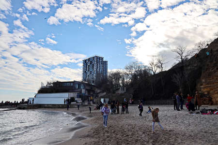 Odessa, Ukraine, February, 02, 2020. Views of the coastline and beaches of Odessa on a sunny winter day. Rest of citizens in the countryside.のeditorial素材
