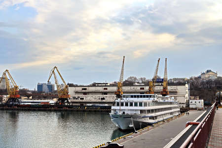 Port of Odessa, Ukraine, March, 06, 2020. Views of container and cargo berths with sea vessels, tugs and yachts in the port.の写真素材