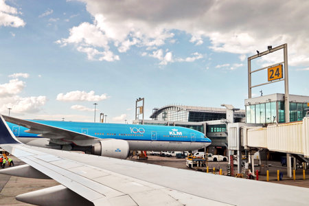 New York & Seatle, USA. 18 August 2020. Airport terminal. Plane landing and taxiing to the place of...