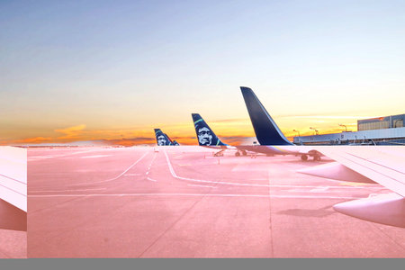 New York & Seatle, USA. 18 August 2020. Airport terminal. Plane landing and taxiing to the place of...