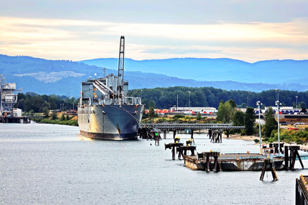 Cargo terminal for loading bulk cargo of cooper concentrates by shore cranes. View of piers and vessels under loading operation. Vancouver, WA, USA. August, 2020.の写真素材