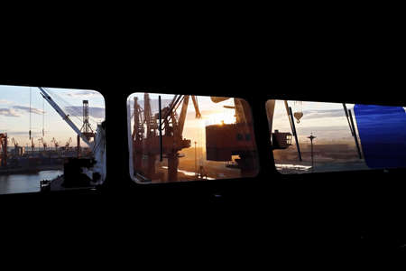 Various night views of the port, piers, terminal and cityline of the Port Jinzhou, China, September,...