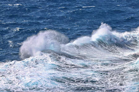 Storm waves in the world ocean. Kind of waves, crests, splashes, foam against the background of the...